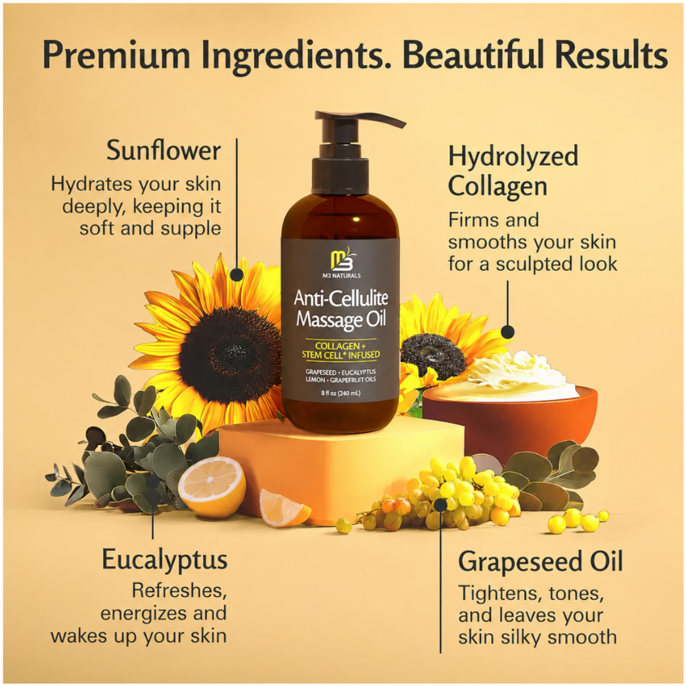 An advertisement for Dr. IMS Anti-Cellulite Massage Oil, featuring a dark amber pump bottle on a yellow block, surrounded by sunflowers, eucalyptus, grapes, and text overlays detailing the ingredients: sunflower, hydrolyzed collagen, eucalyptus, and grapeseed oil.