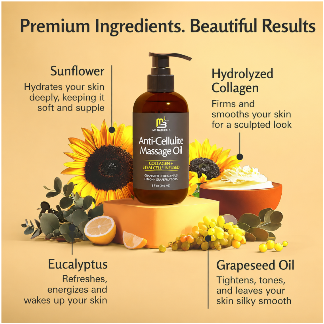 An advertisement for Dr. IMS Anti-Cellulite Massage Oil, featuring a dark amber pump bottle on a yellow block, surrounded by sunflowers, eucalyptus, grapes, and text overlays detailing the ingredients: sunflower, hydrolyzed collagen, eucalyptus, and grapeseed oil.