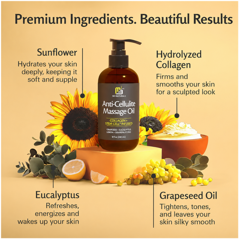 An advertisement for Dr. IMS Anti-Cellulite Massage Oil, featuring a dark amber pump bottle on a yellow block, surrounded by sunflowers, eucalyptus, grapes, and text overlays detailing the ingredients: sunflower, hydrolyzed collagen, eucalyptus, and grapeseed oil.